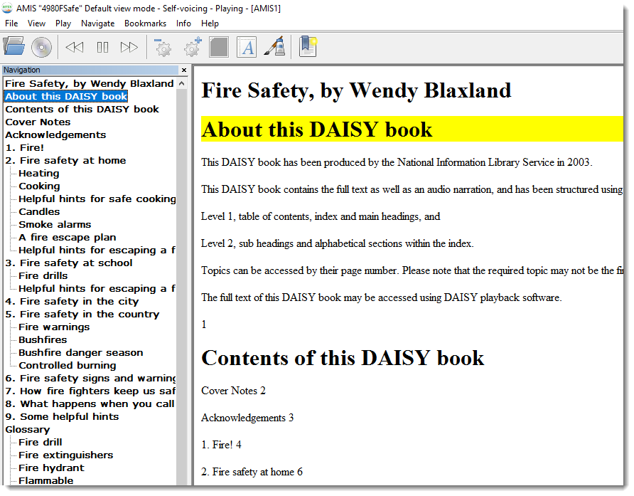 Screenshot of AMIS reading the Fire Safety book